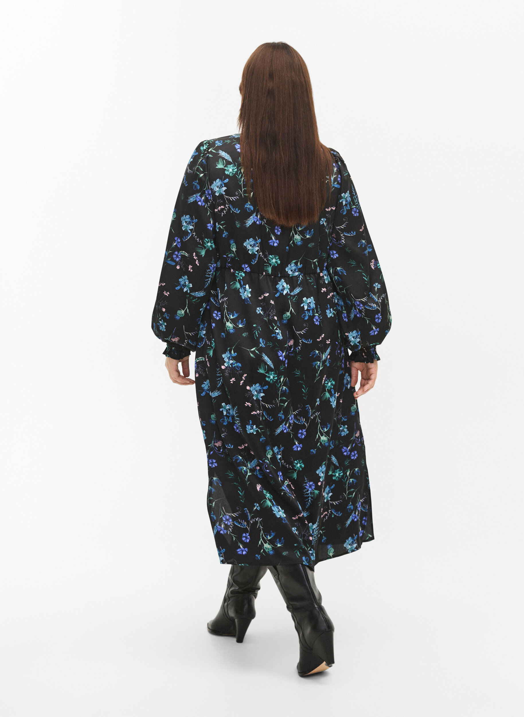 Zizzifashion Long-sleeved midi dress with floral print, Blue Flower AOP, Model image number 1
