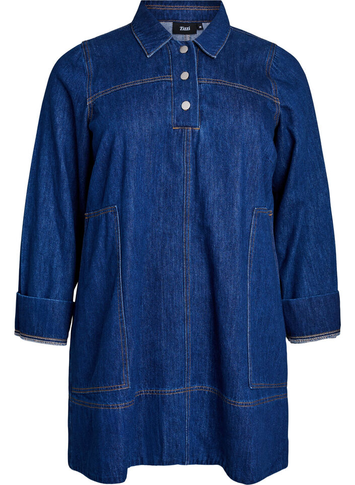 Short denim dress with collar and button fastening, Blue, Packshot image number 0