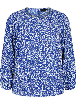 Blouse with puff sleeves, White/Blue Ditsy, Packshot image number 0