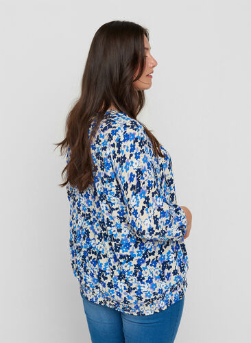 Floral viscose blouse with 3/4 sleeves, Blue Flower AOP, Model image number 1
