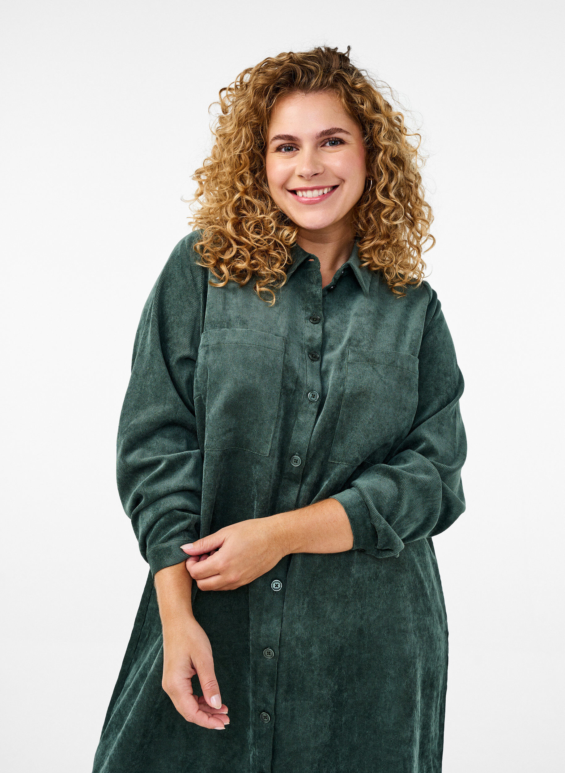 Zizzifashion Long corduroy shirt dress with buttons, Dark Forest, Image image number 0