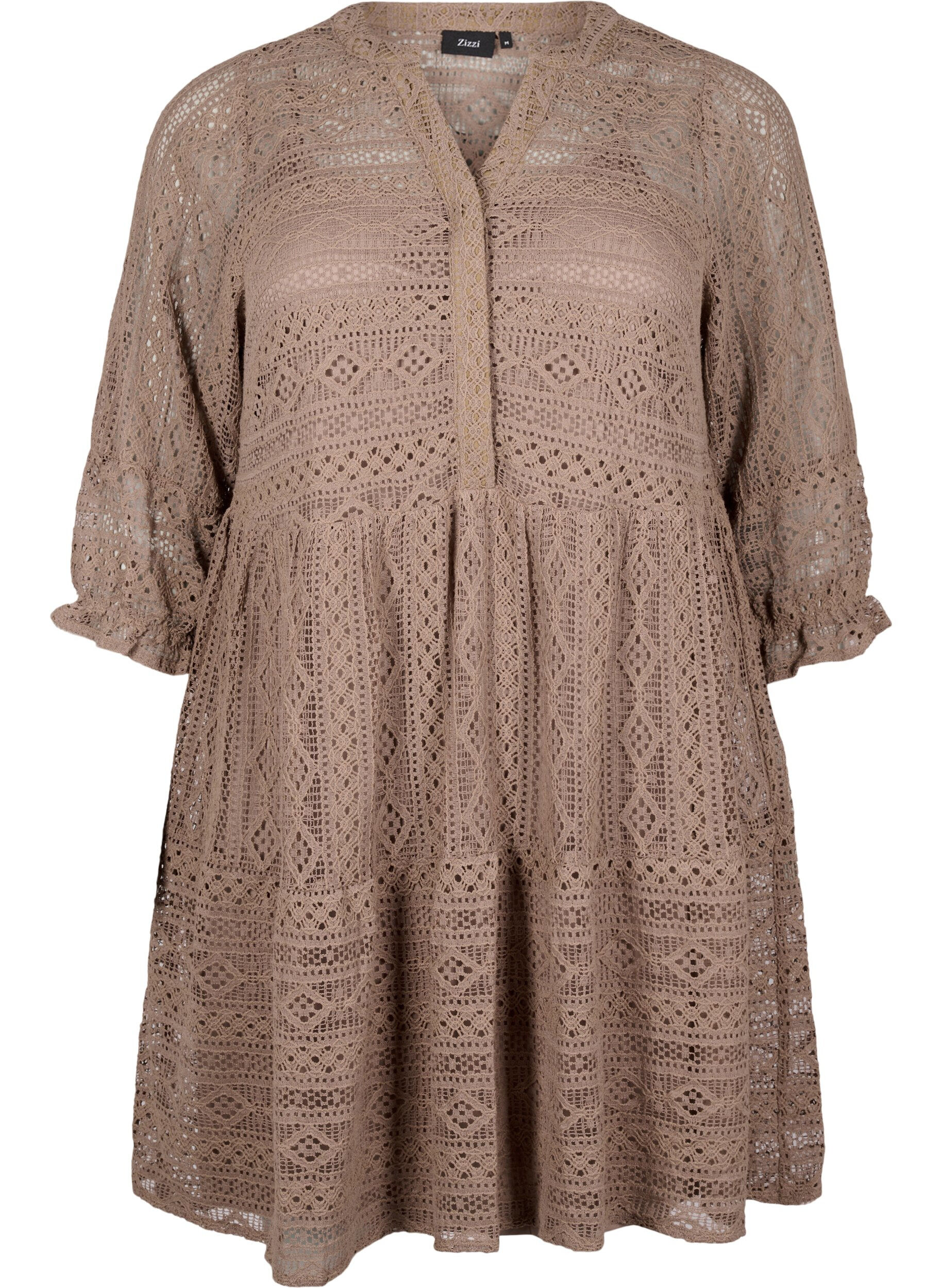 Zizzifashion Short lace dress with 3/4 sleeves, Fossil , Packshot image number 0