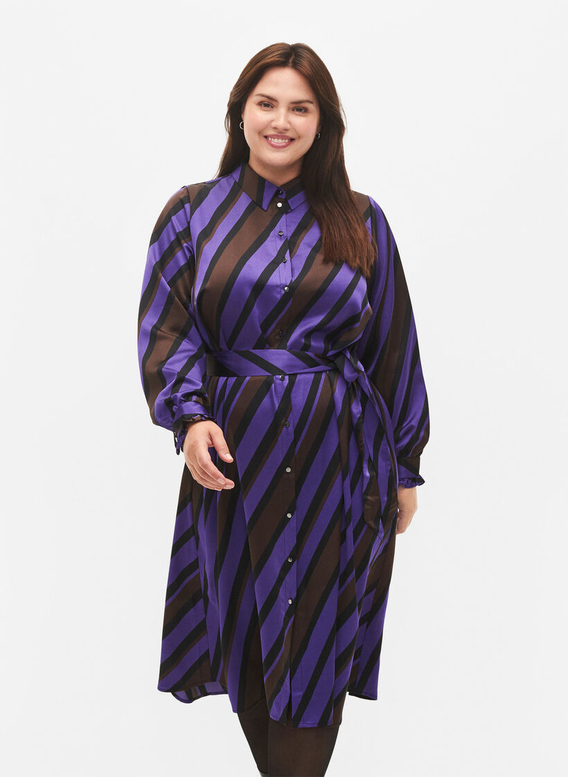 Satin shirt dress with diagonal stripes, Stripe AOP, Model image number 0