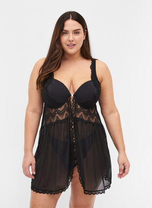 Night dress with lace and moulded cups, Black, Model image number 0