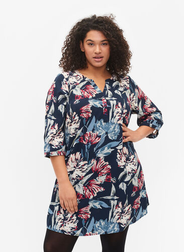 Floral tunic with 3/4 sleeves, Navy Flower, Model image number 0
