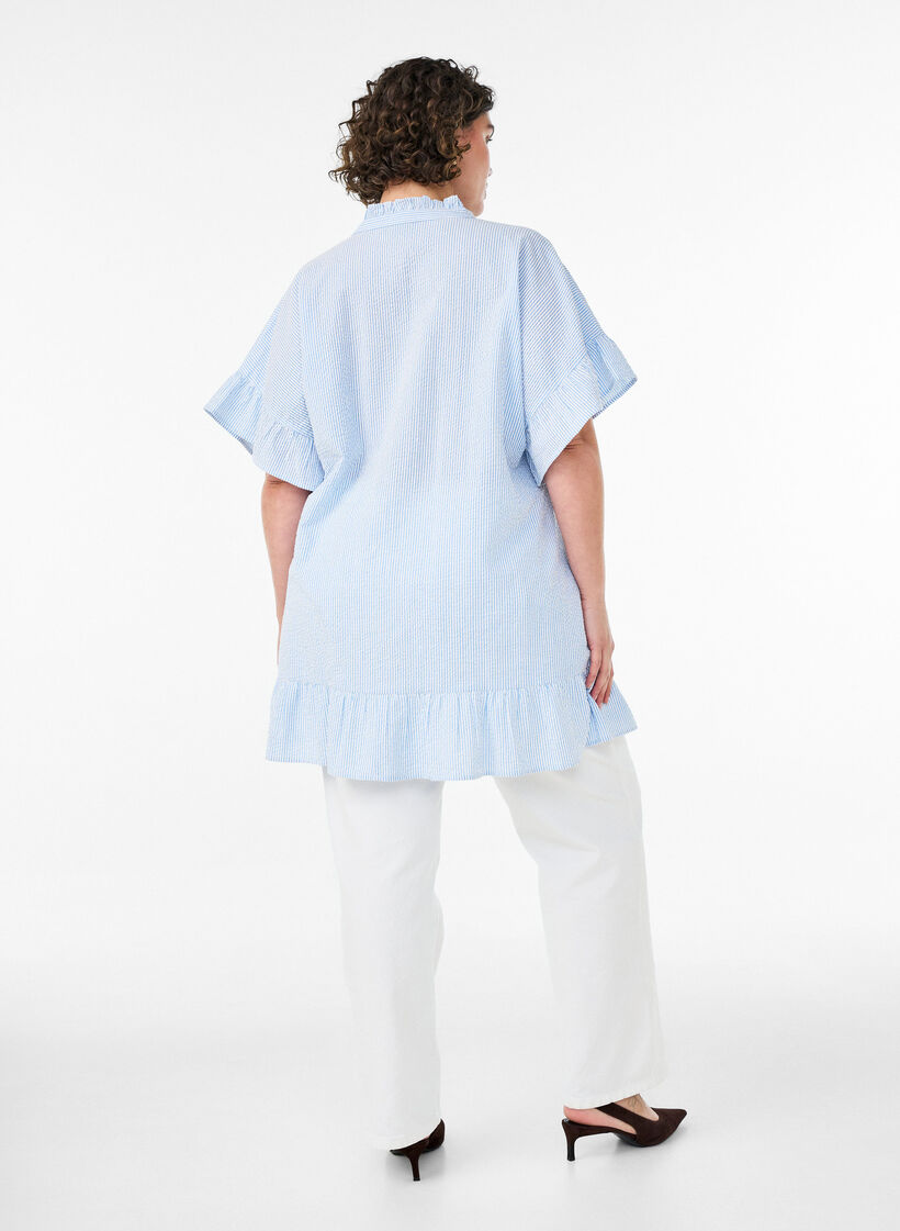 Cotton tunic with stripes and ruffle details, Light Blue, Model image number 2