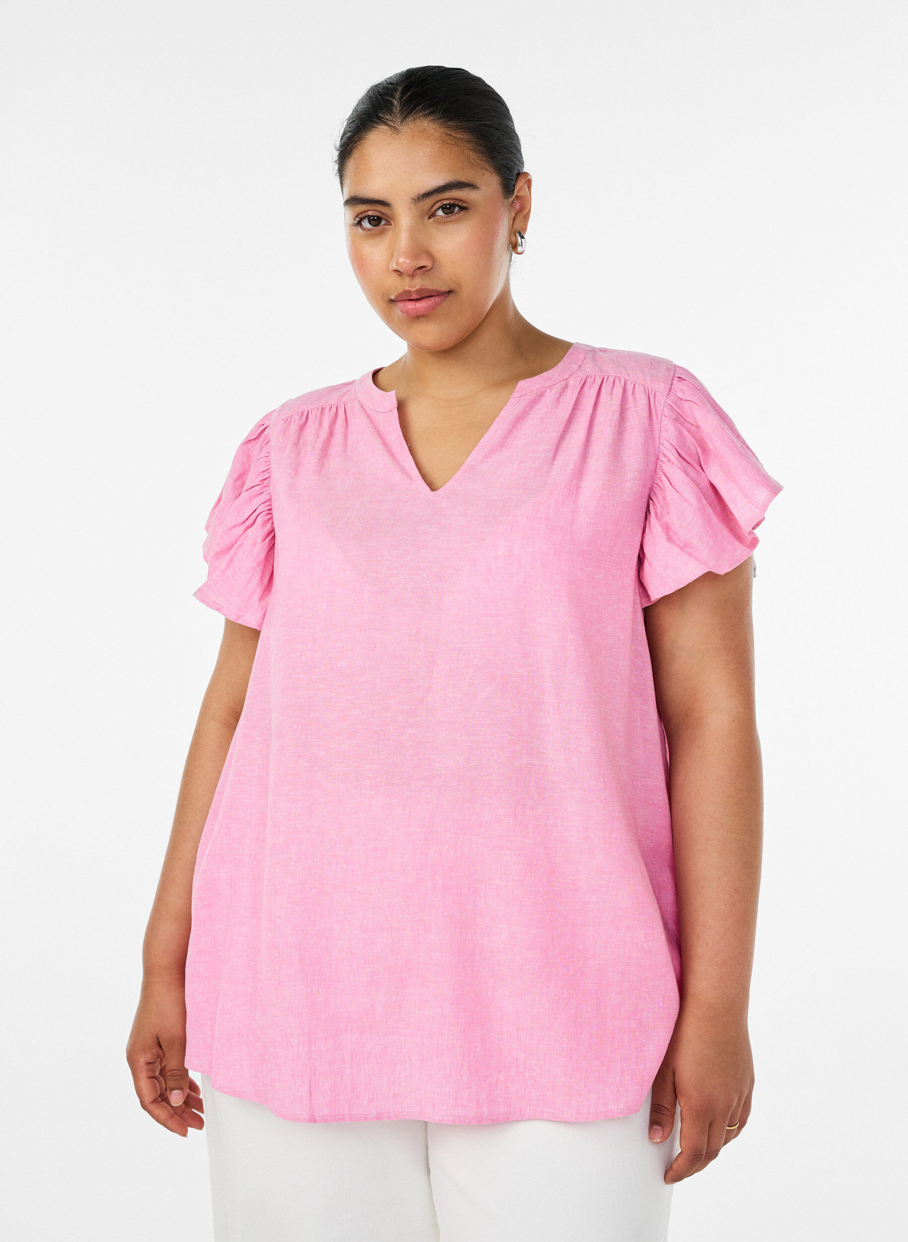 Zizzifashion Viscose and linen blouse with ruffle sleeves, Pink, Model image number 0