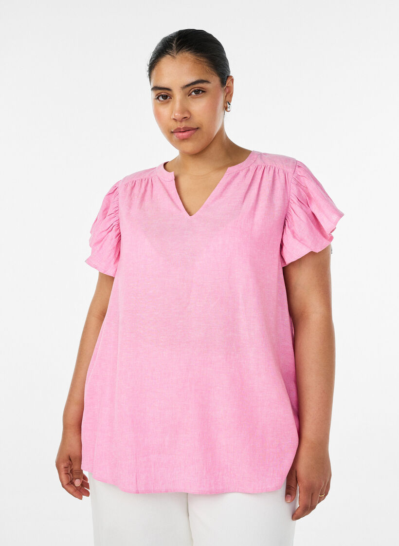 Viscose and linen blouse with ruffle sleeves, Pink, Model image number 0
