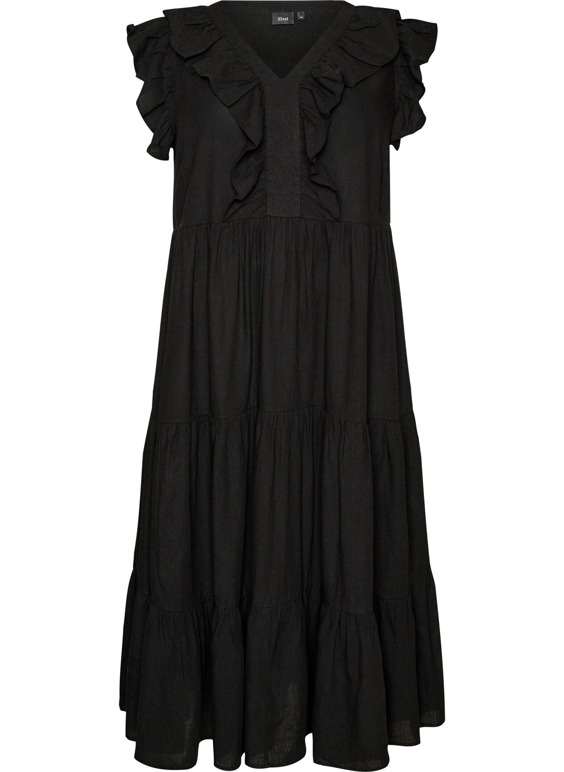 Sleeveless midi dress in linen and viscose with ruffles