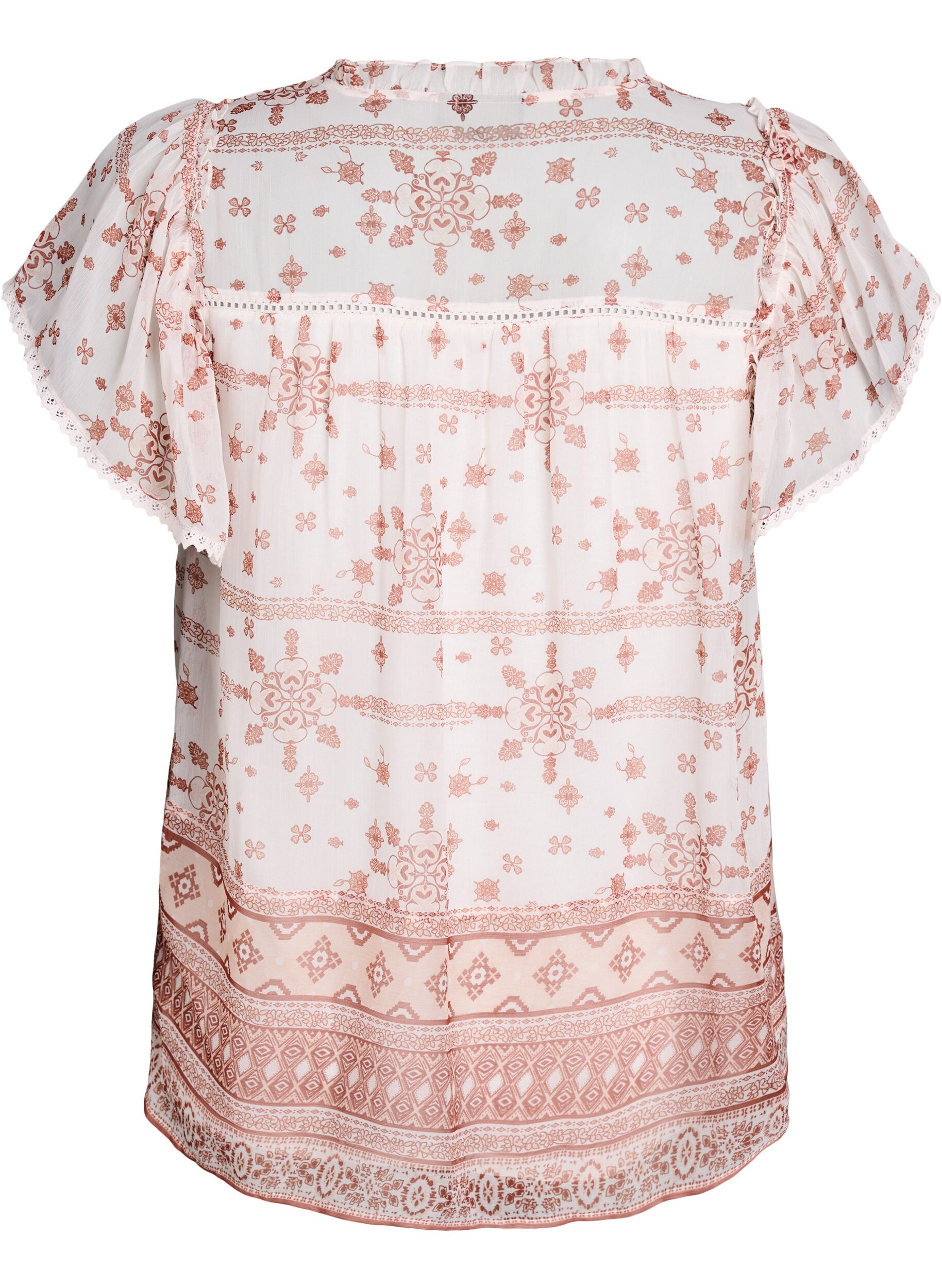 Zizzifashion Patterned blouse with ruffle detailing and short sleeves, Vanilla, Packshot image number 1