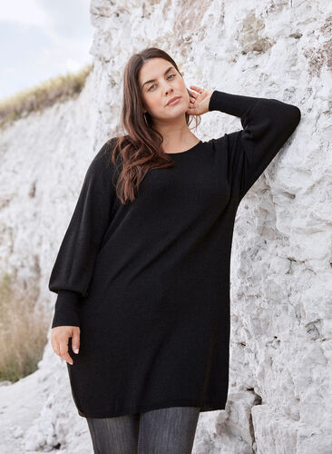 Knitted dress with balloon sleeves and lurex, Black w/ Lurex, Image image number 0