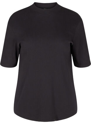 Cotton blouse in rib with 2/4-length sleeves, Black, Packshot image number 0