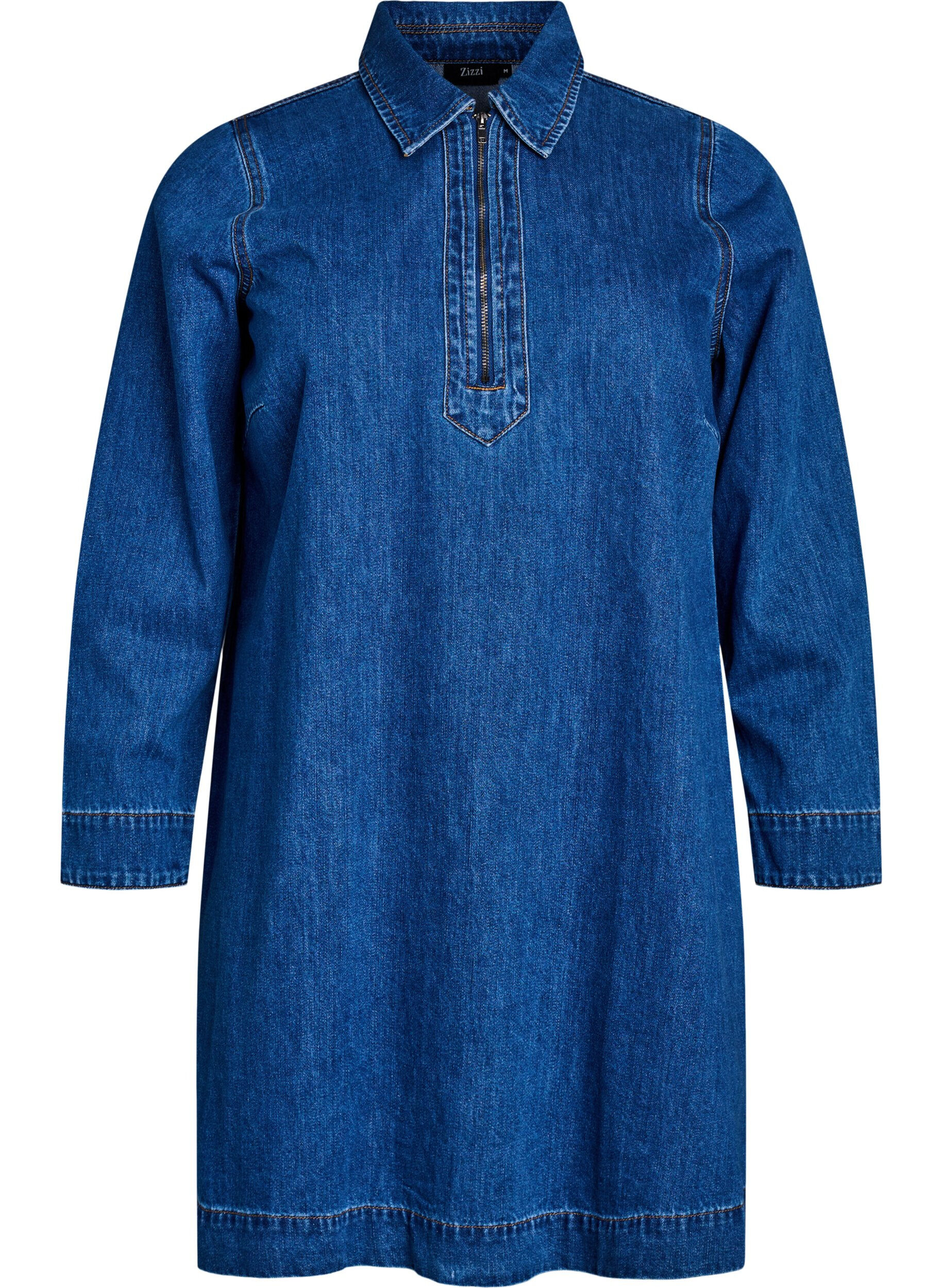 Short denim dress with zip detail and collar