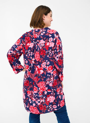 Floral viscose tunic with 3/4 sleeves, Flower AOP, Model image number 1