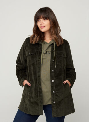 Velvet shirt jacket with pockets, Green, Model image number 0
