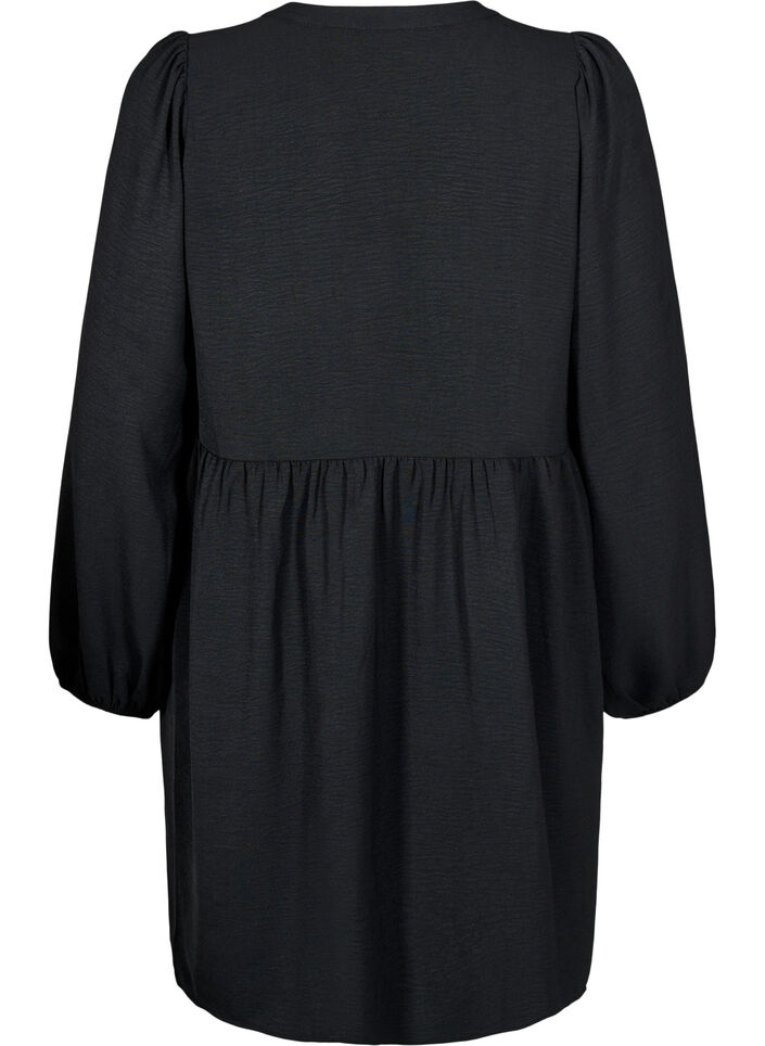 FLASH - Short dress with pleats and long sleeves, Black, Packshot image number 1