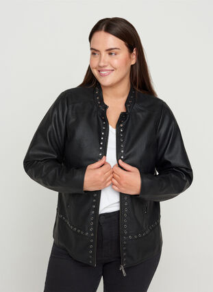 Faux leather jacket with studs, Black, Model image number 0