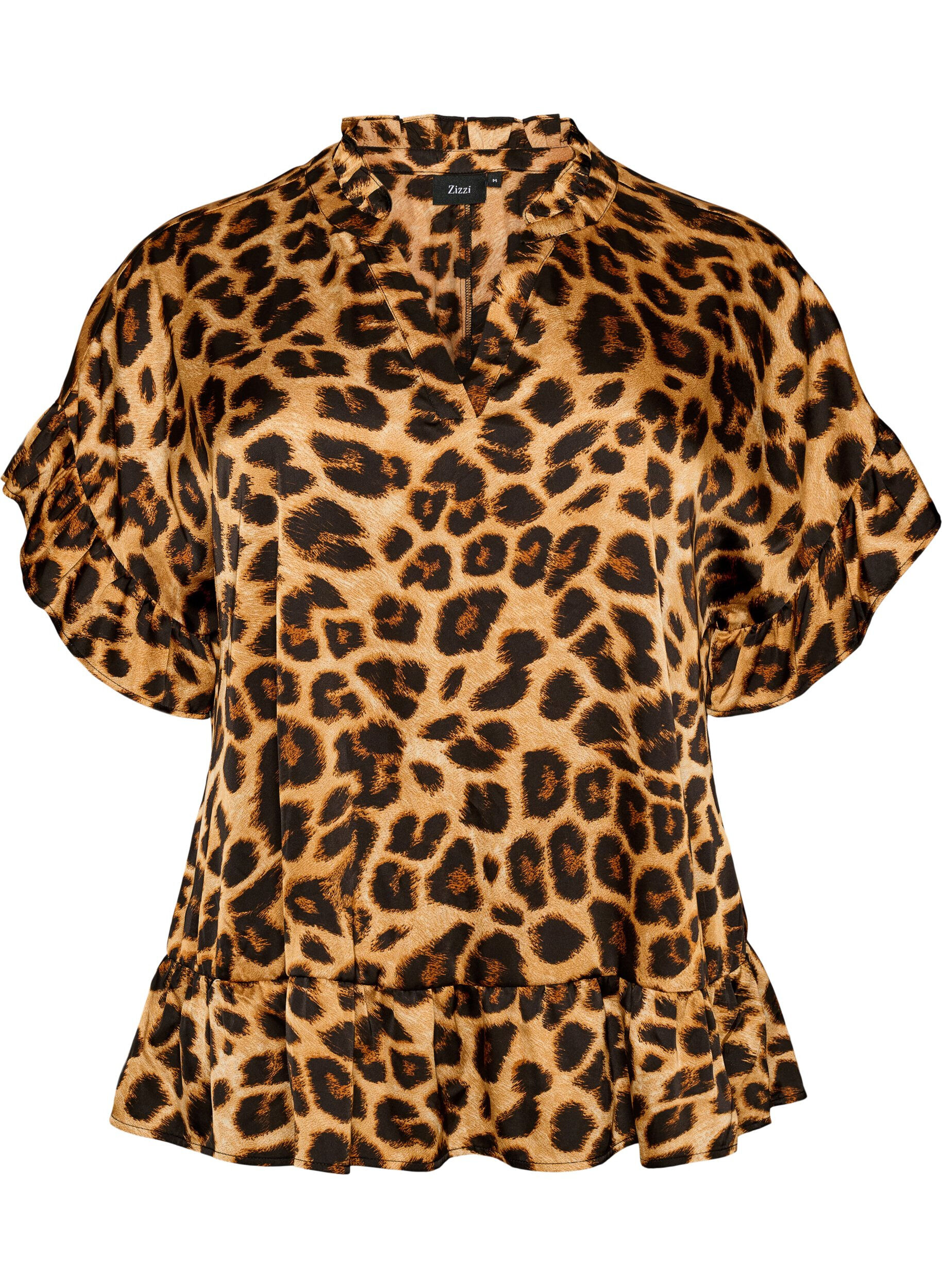 ZizzifashionBlouse with leopard print and ruffle details, Brown, Packshot image number 0