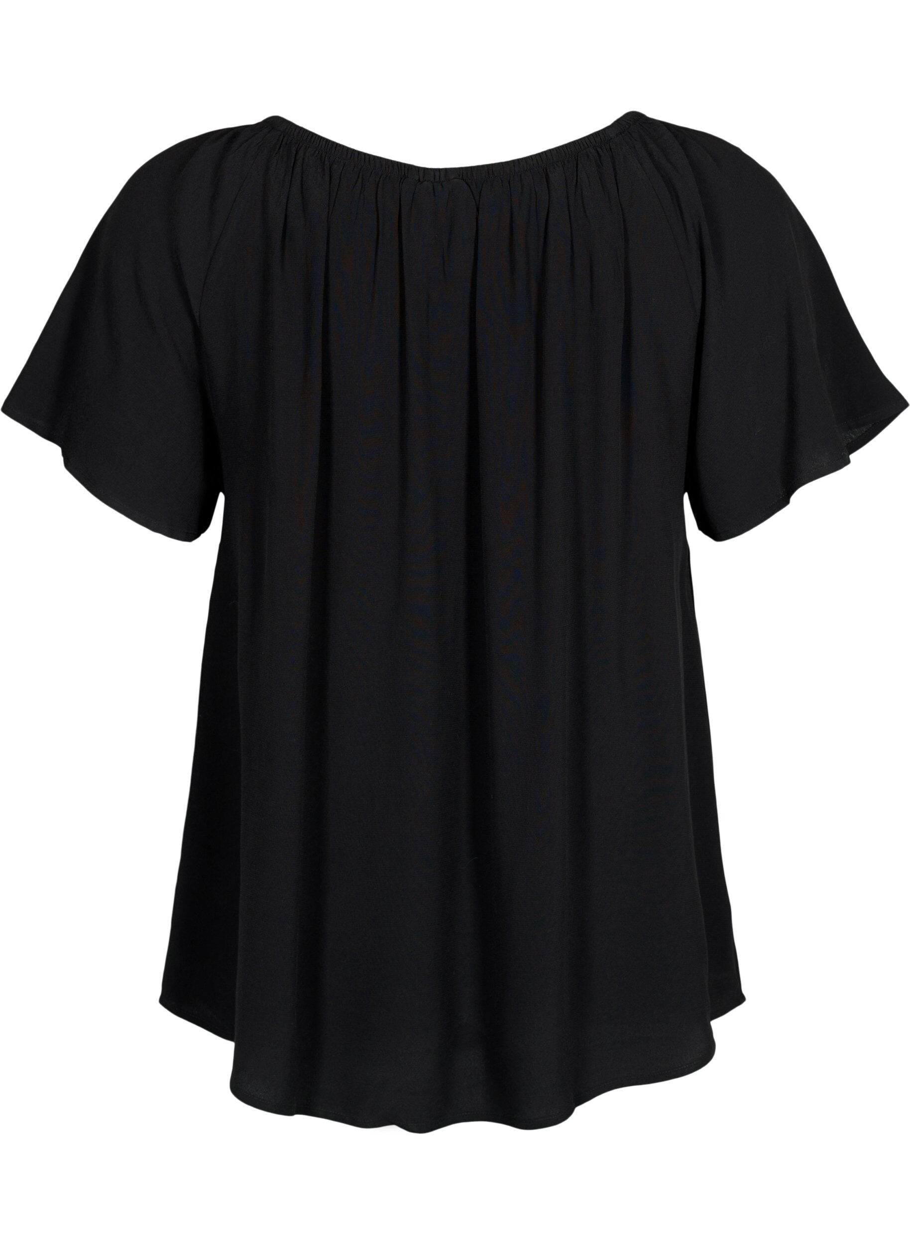Zizzifashion Plain viscose blouse with short sleeves, Black, Packshot image number 1
