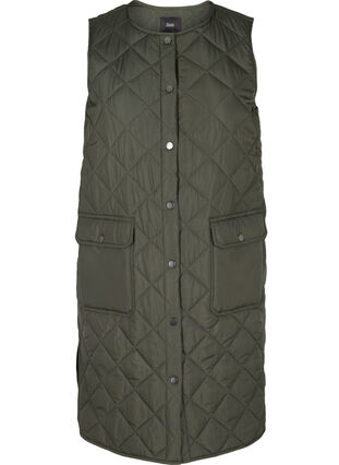 Long quilted vest with button closure and pockets, Forest Night, Packshot image number 0
