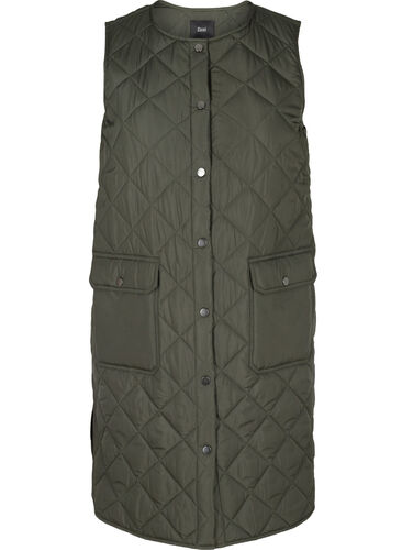 Long quilted vest with button closure and pockets, Forest Night, Packshot image number 0