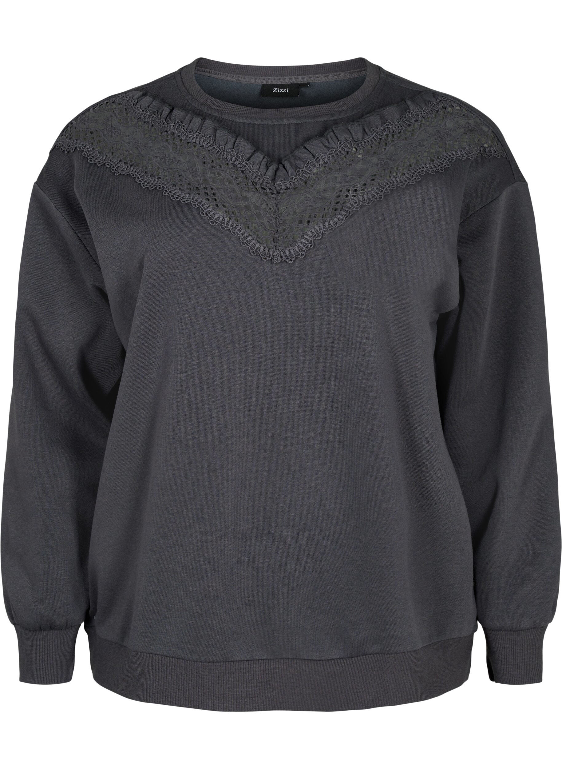 Zizzifashion Sweatshirt with ruffle and crochet detail, Dark Grey, Packshot image number 0
