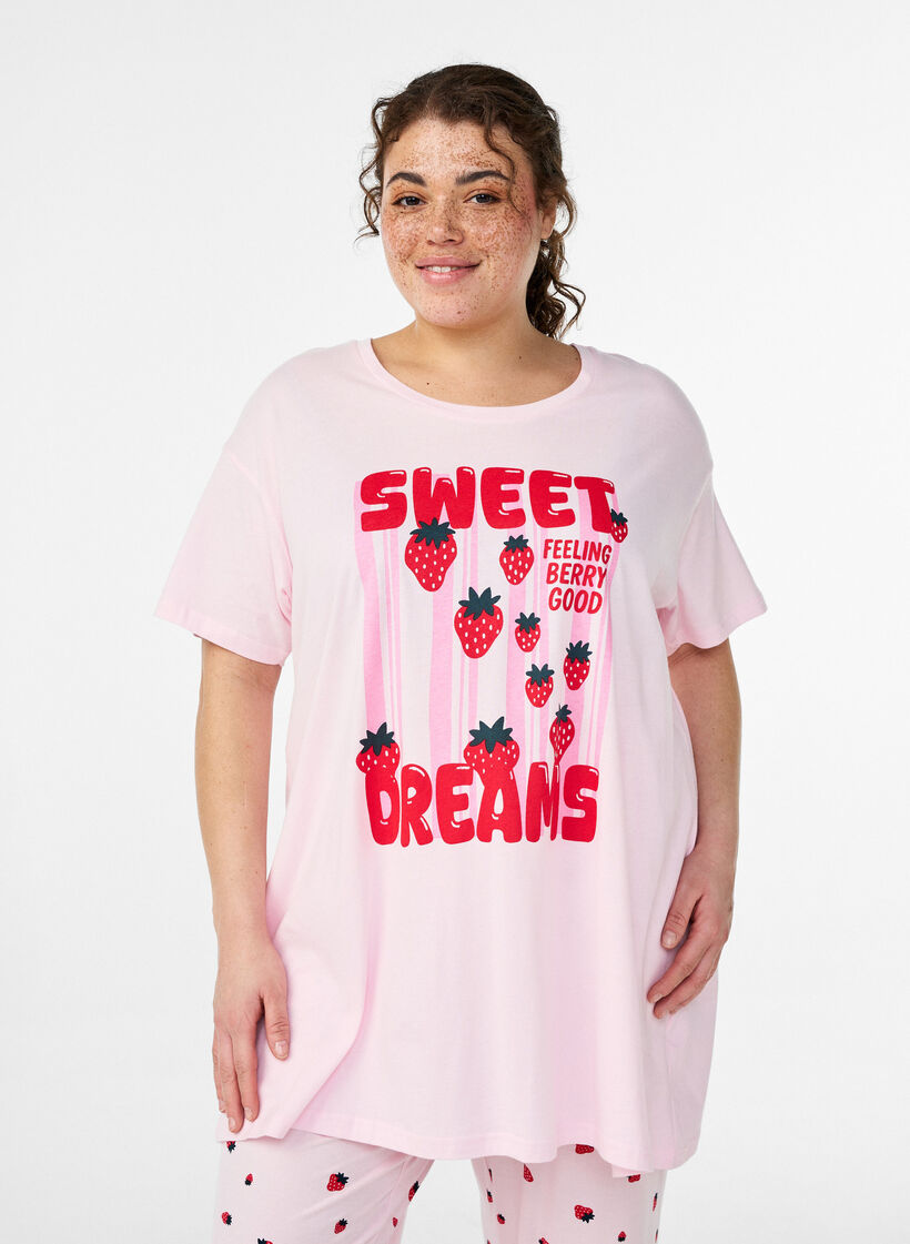 Long night T-shirt in organic cotton with print, Red, Model image number 0