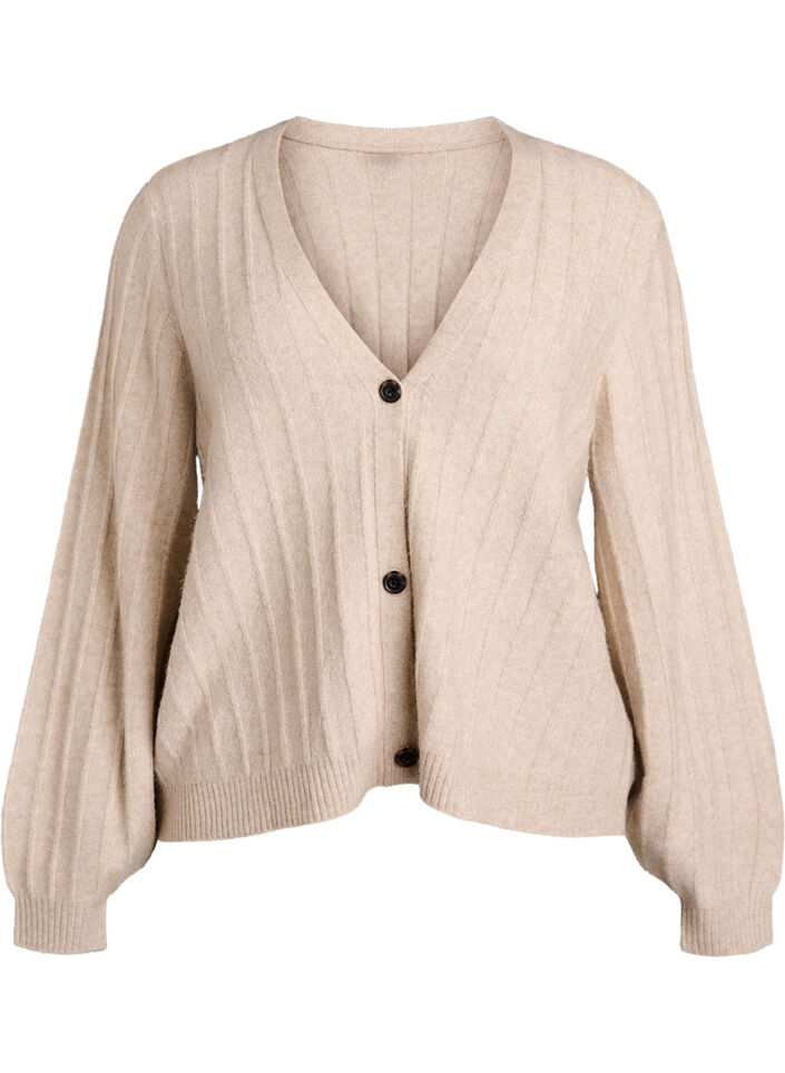 Cardigan with a ribbed texture and balloon sleeves, Beige, Packshot image number 0
