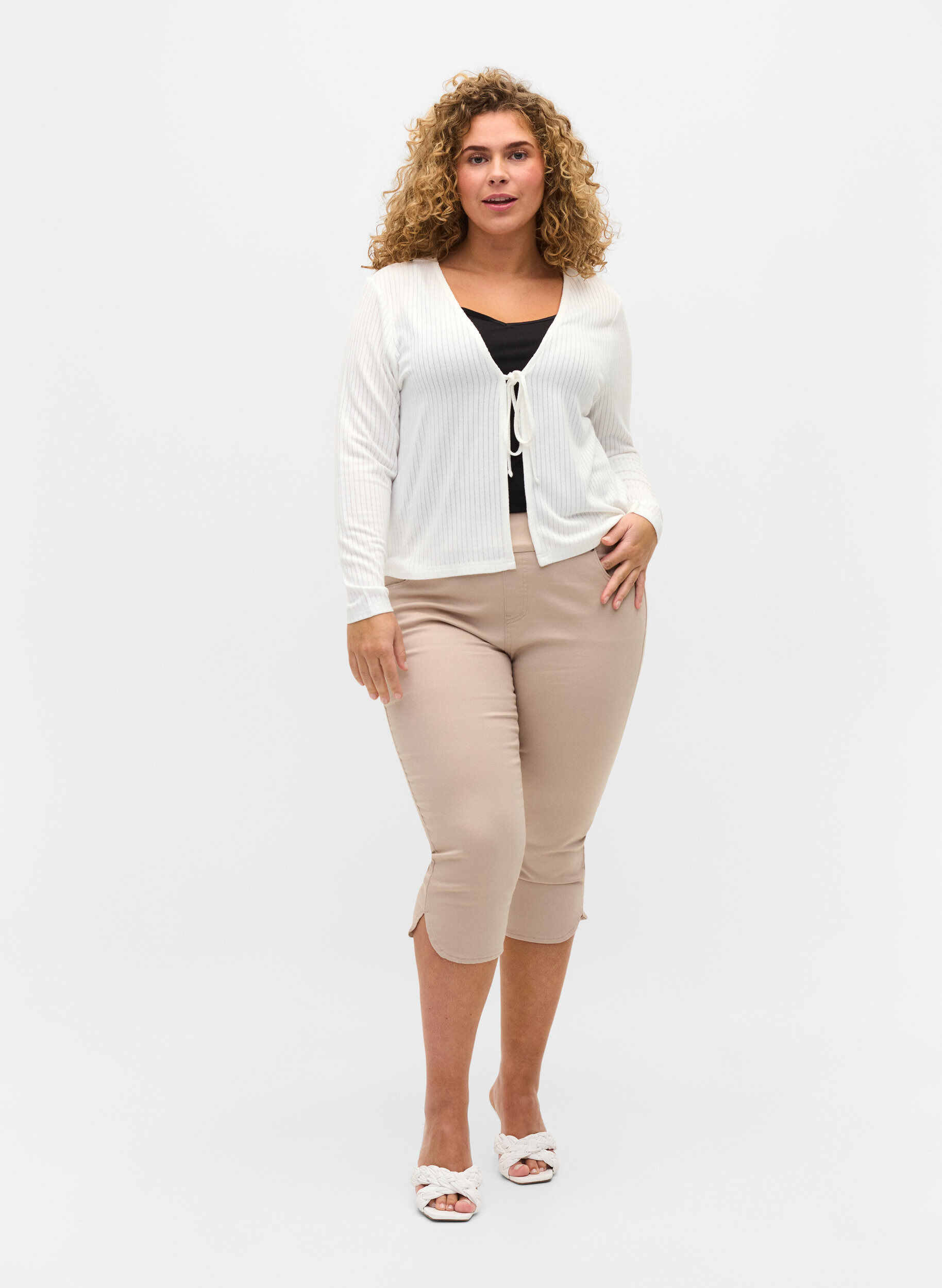 Zizzifashion Ribbed cardigan with tie-string, White, Model image number 2