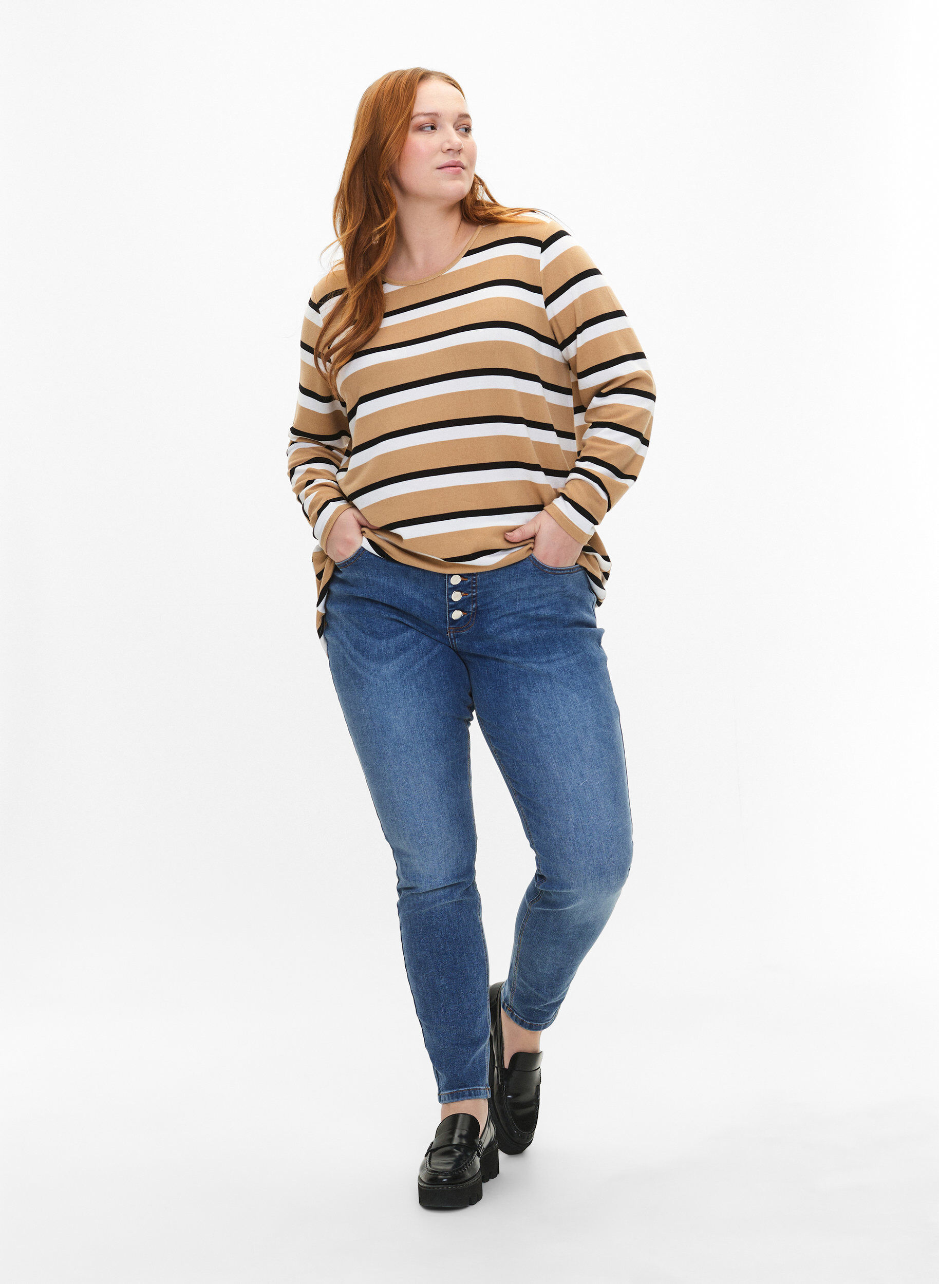 ZizzifashionStriped blouse with long sleeves, Black, Model image number 1