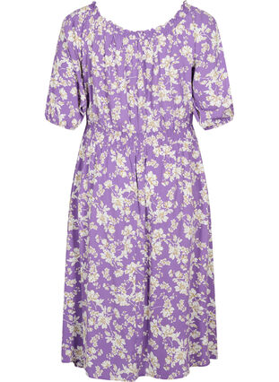 Floral off-shoulder midi dress in viscose, Purple Flower AOP, Packshot image number 1