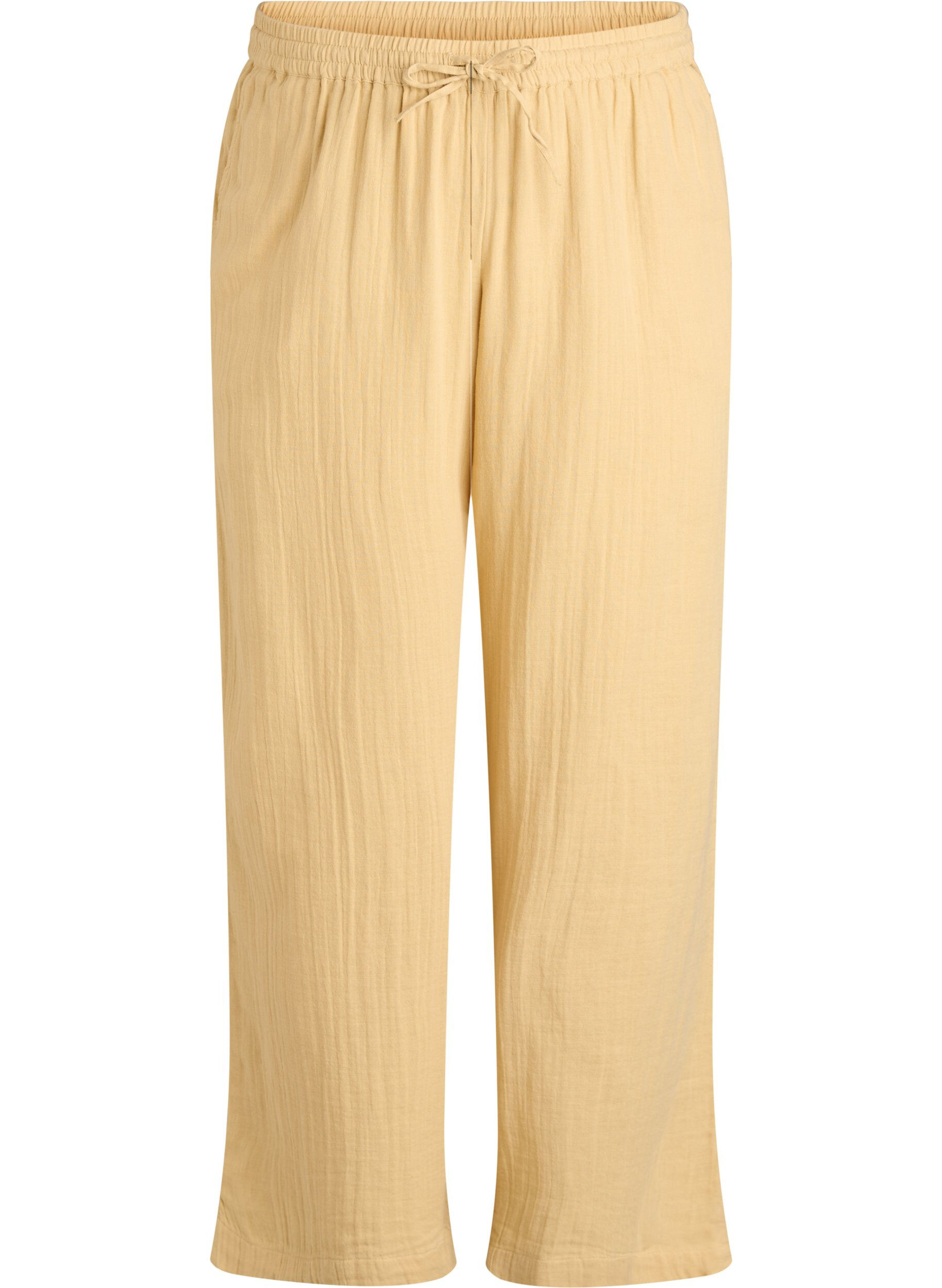 Zizzifashion High-waisted cotton muslin trousers with loose legs, Yellow, Packshot image number 0