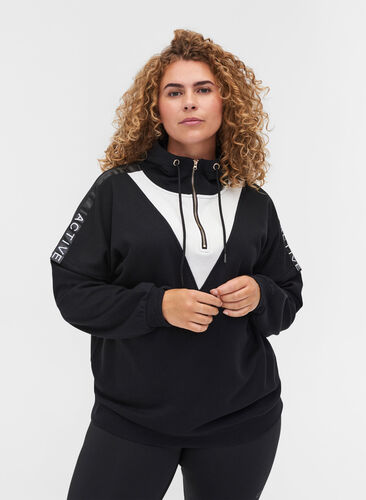 Sweatshirt with hood and zipper, Black White, Model image number 0