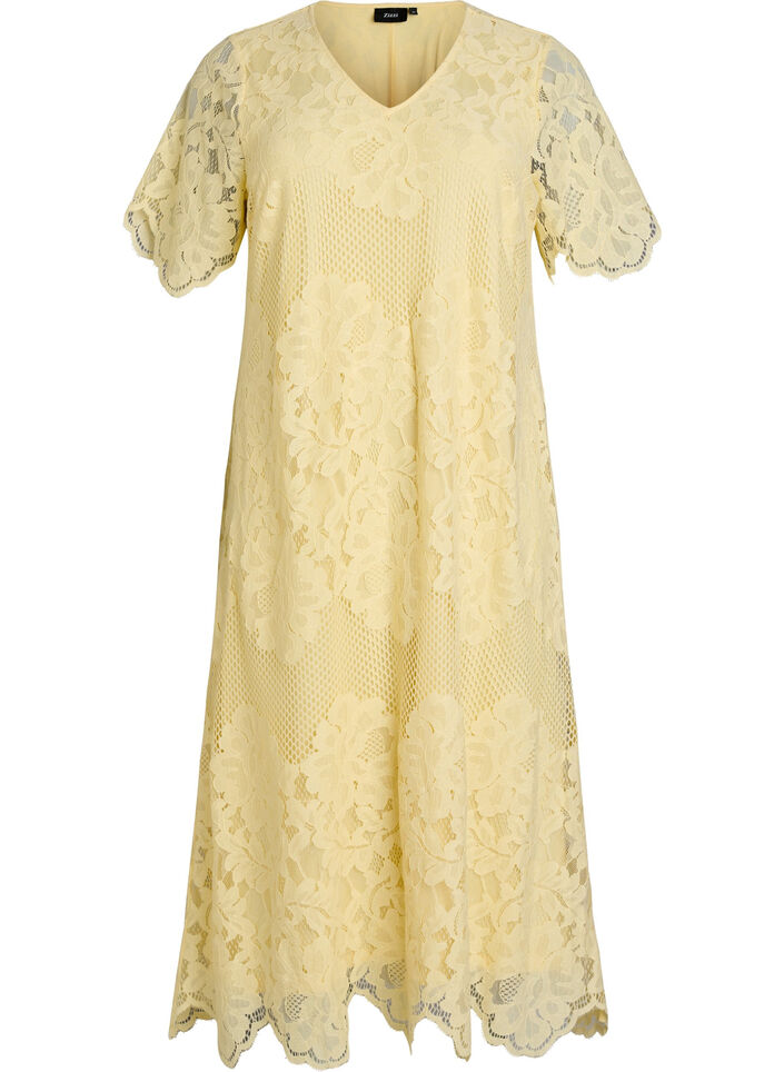 Midi lace dress with scalloped edges, Yellow, Packshot image number 0