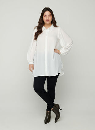 Long shirt with slightly puff sleeves, Bright White, Model image number 2