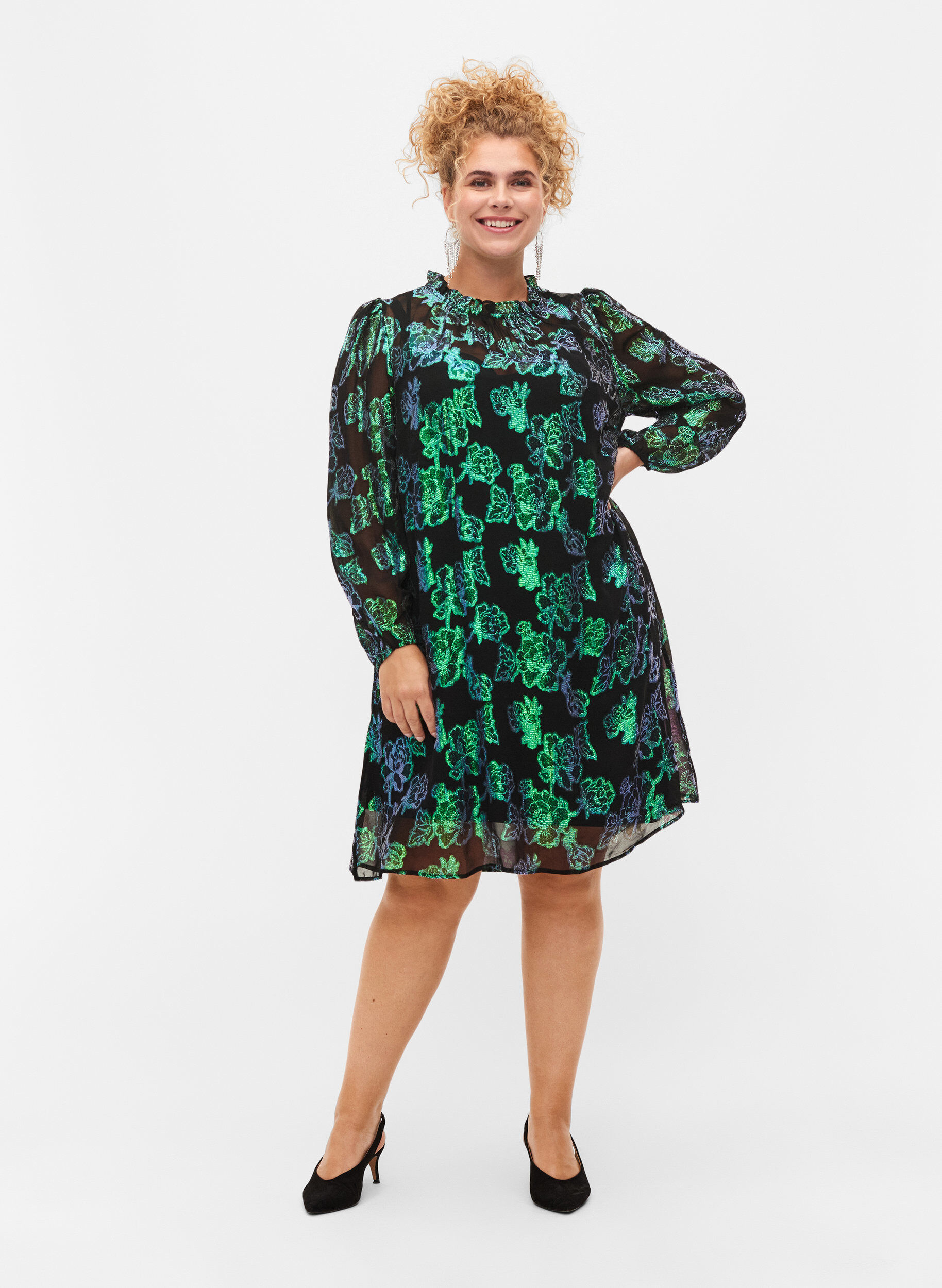 Zizzifashion Floral viscose dress with lurex structure, Black w. Green Lurex, Model image number 2