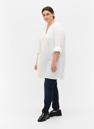 Tunic in cotton with embroidery anglaise, Bright White, Model image number 2