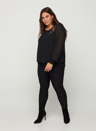 Long-sleeved blouse with smocking and sequins, Black, Model image number 2