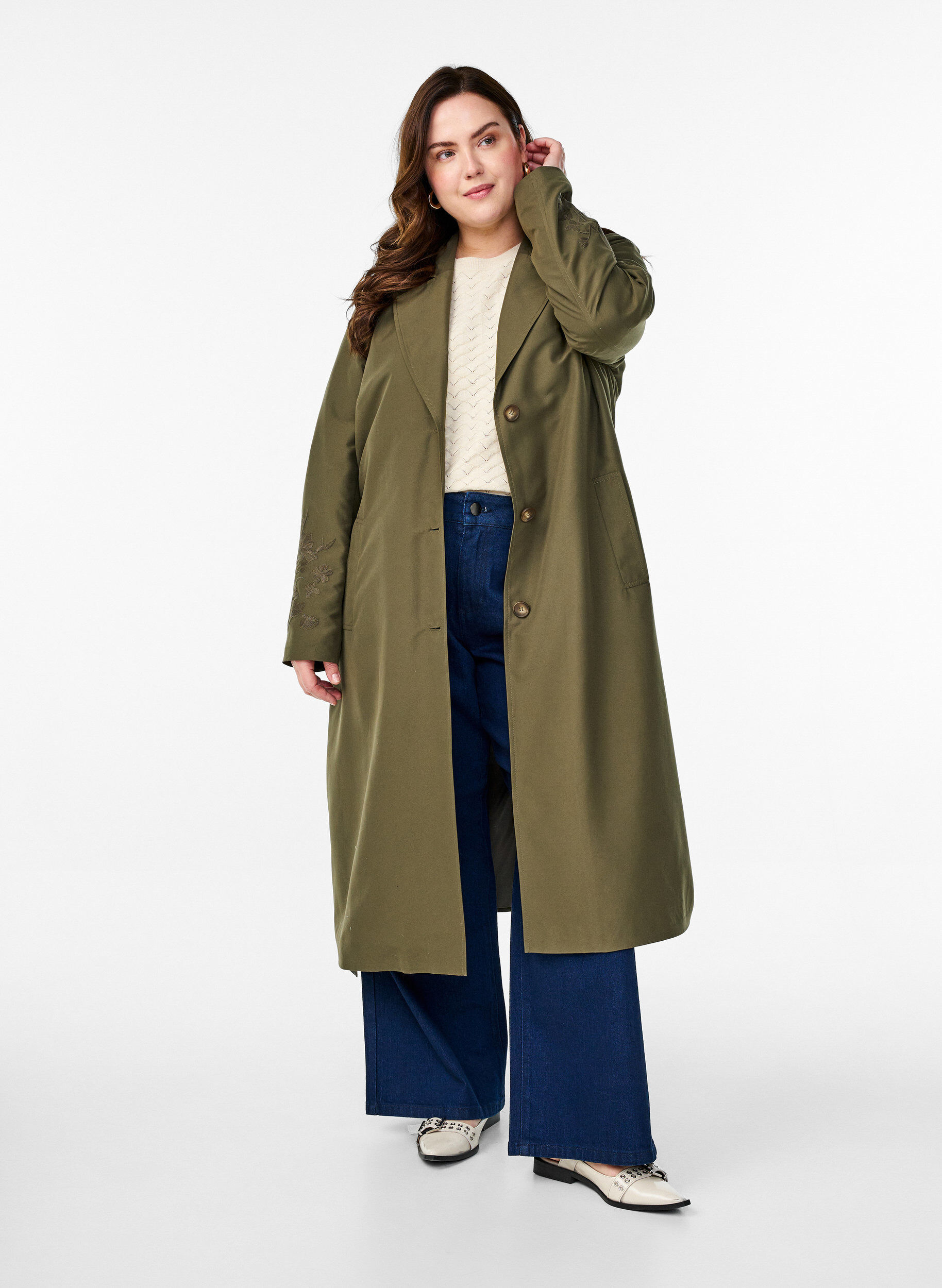 Zizzifashion Long trench coat with embroidery, Green, Model image number 0