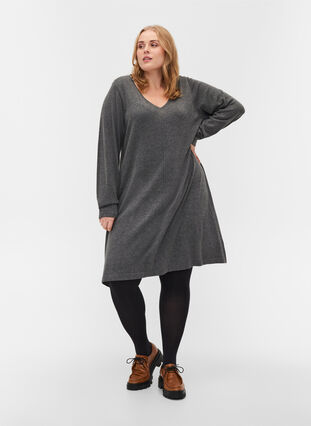 Plain V-neck knitted dress, Dark Grey Melange, Model image number 2