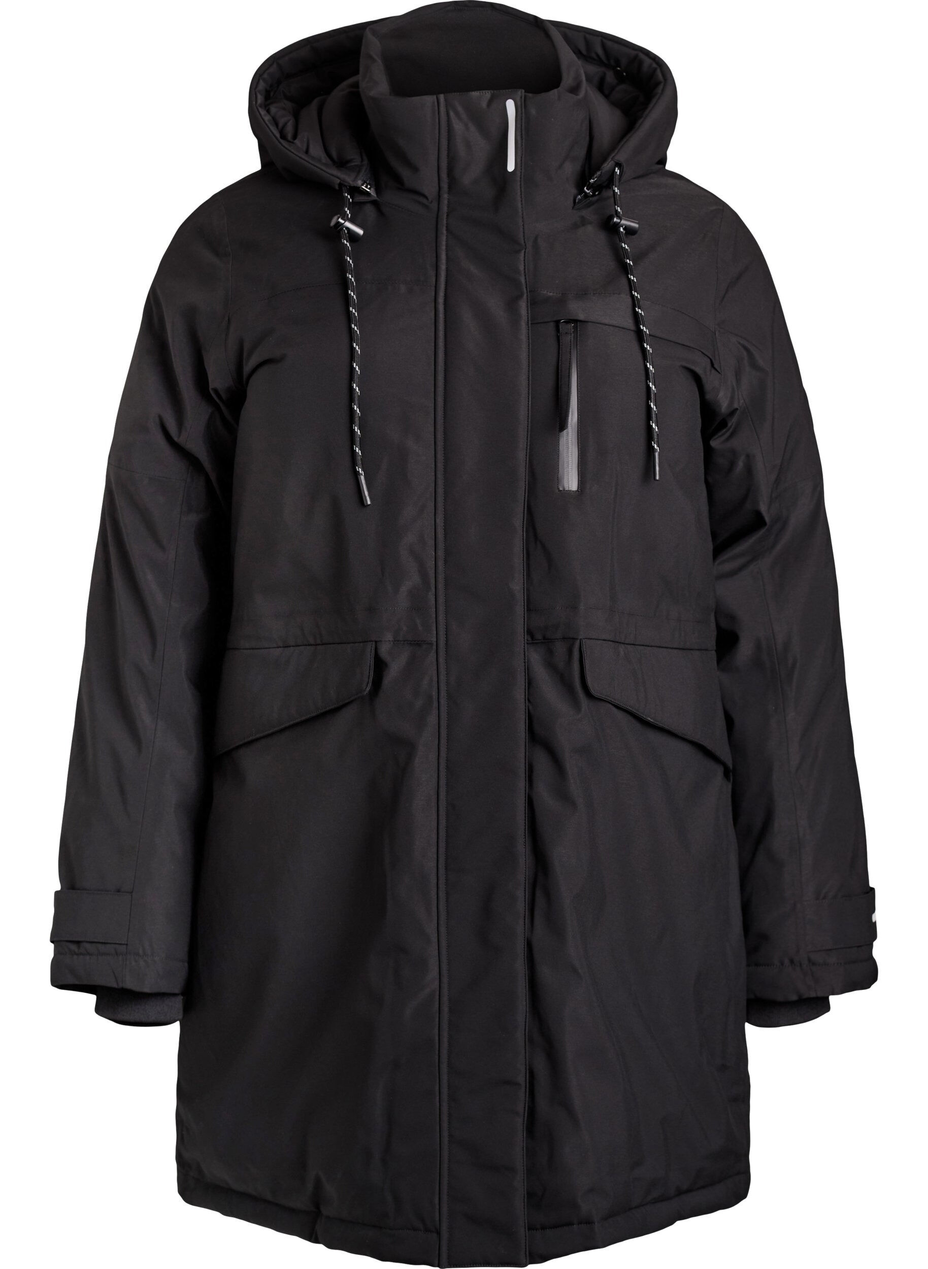 Water-repellent parka with a hood and functional details
