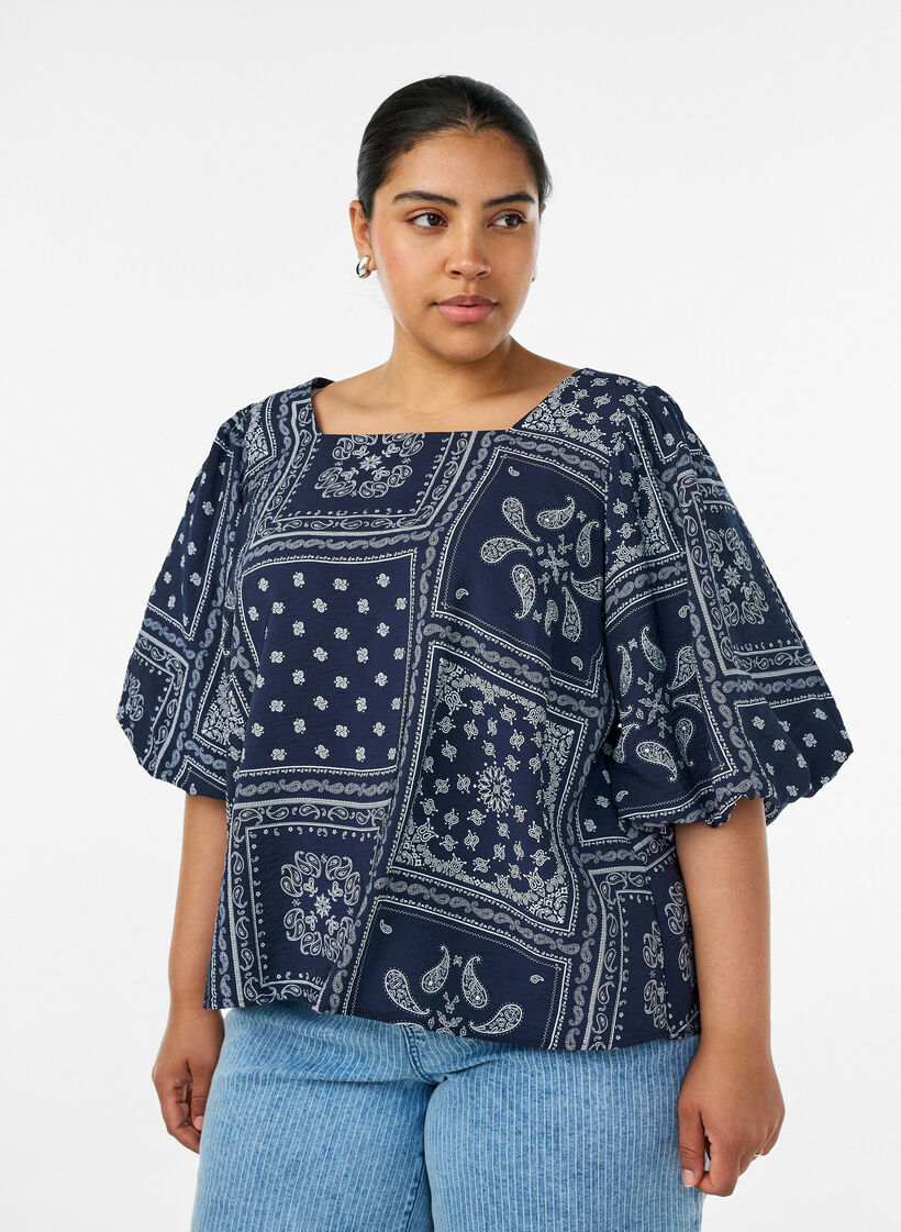 Viscose blouse with paisley print and balloon sleeves, Blue, Model image number 0
