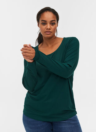 Long sleeve, viscose basic blouse, Ponderosa Pine, Model image number 0