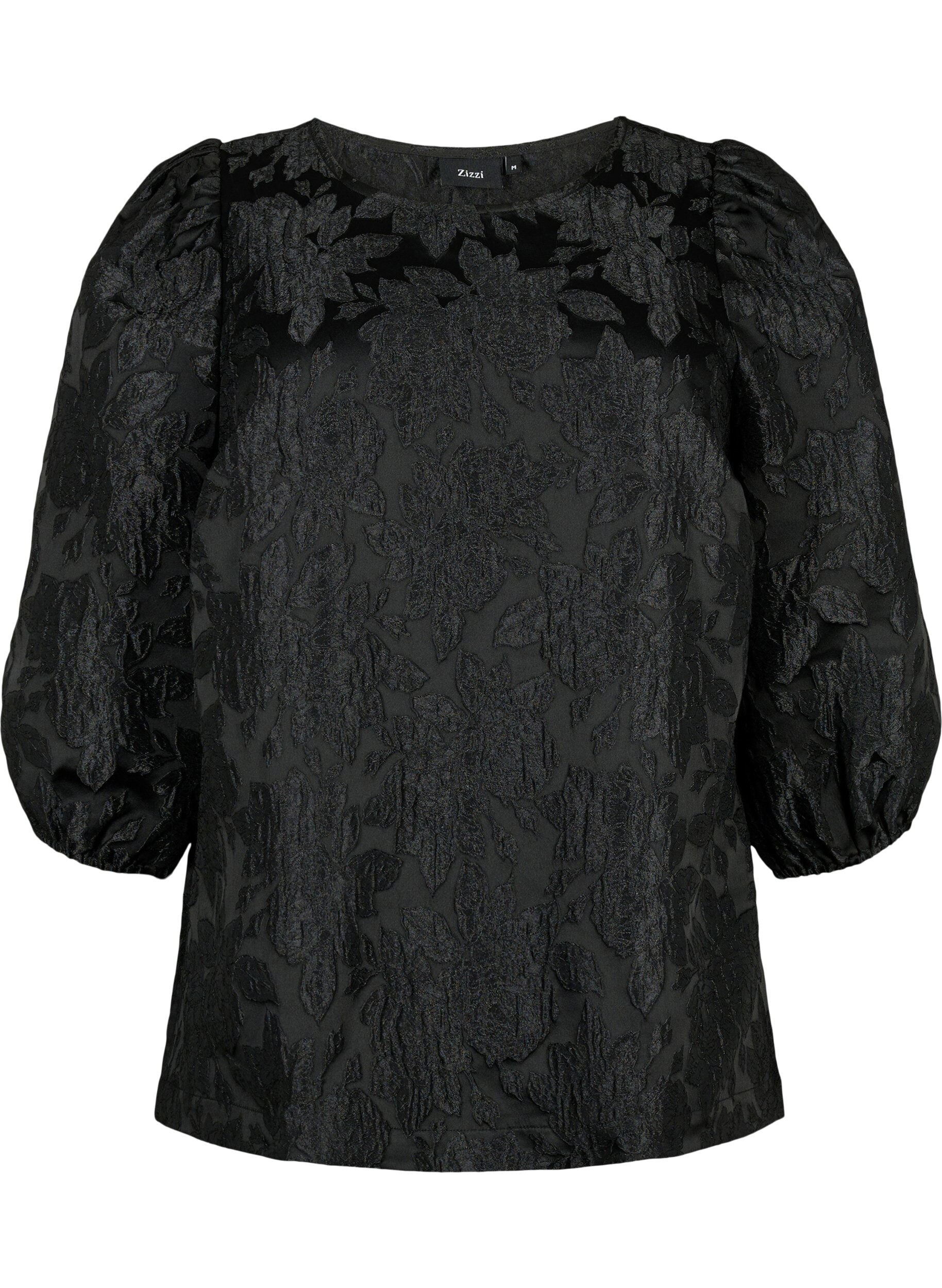 Zizzifashion Jacquard blouse with 3/4 sleeves, Black, Packshot image number 0