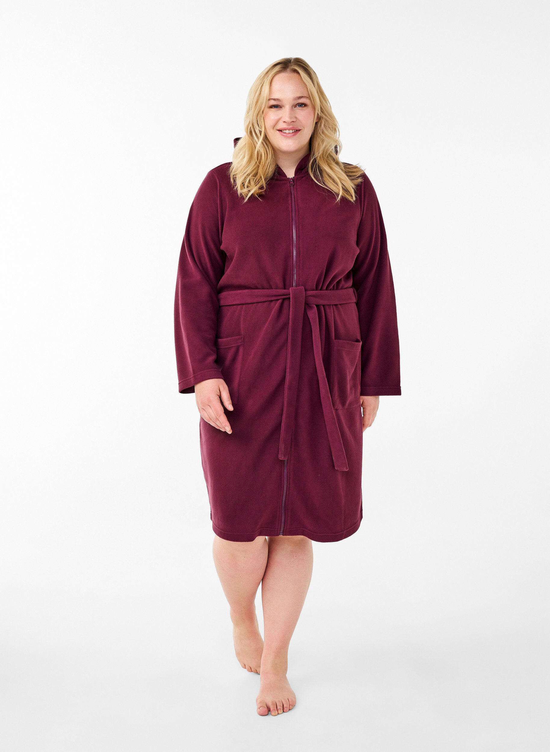 Zizzifashion Morning robe with zipper and hood, Dark Bordeaux, Model image number 1