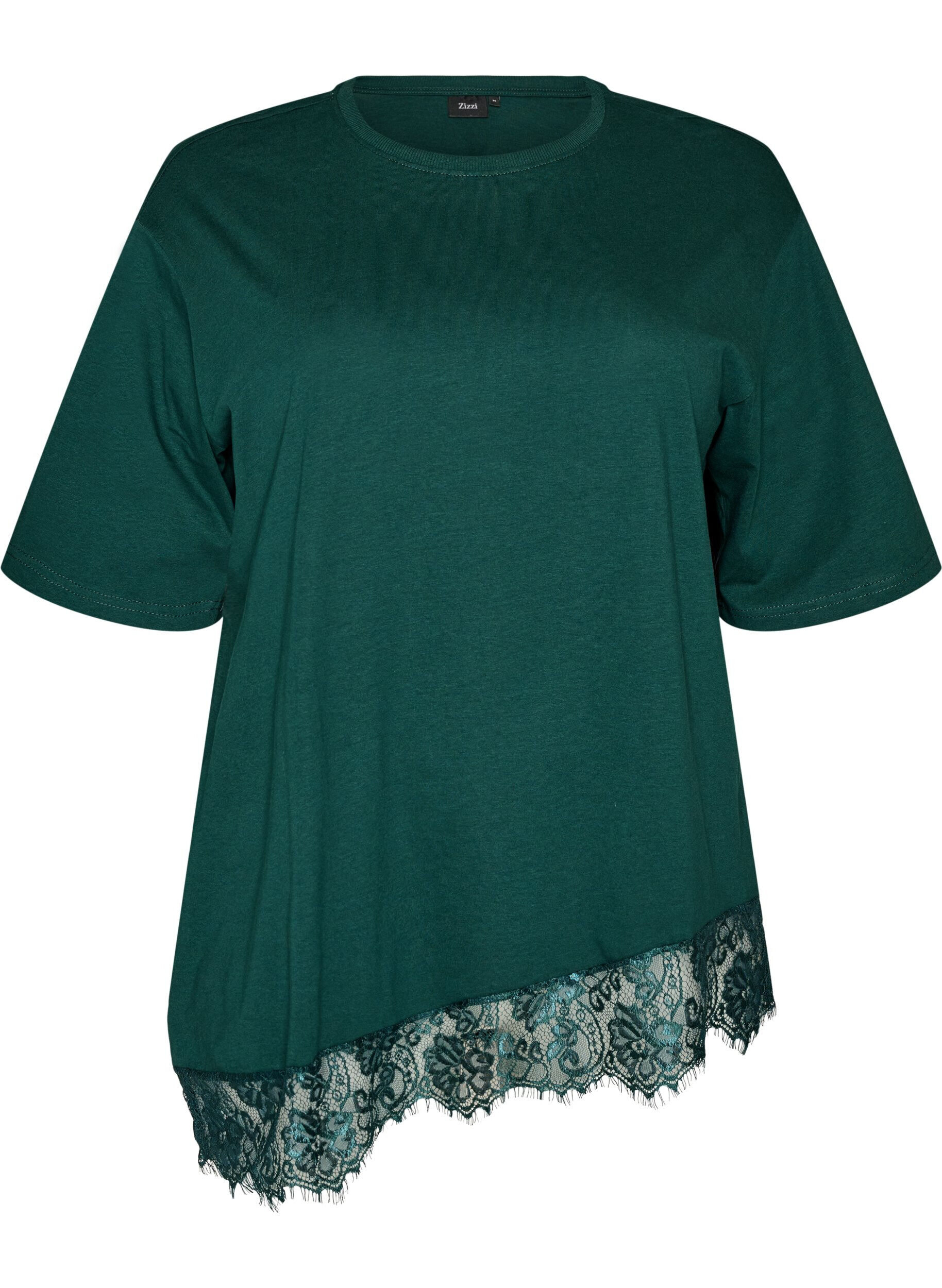 Zizzifashion T-shirt with asymmetric lace hem, Green, Packshot image number 0