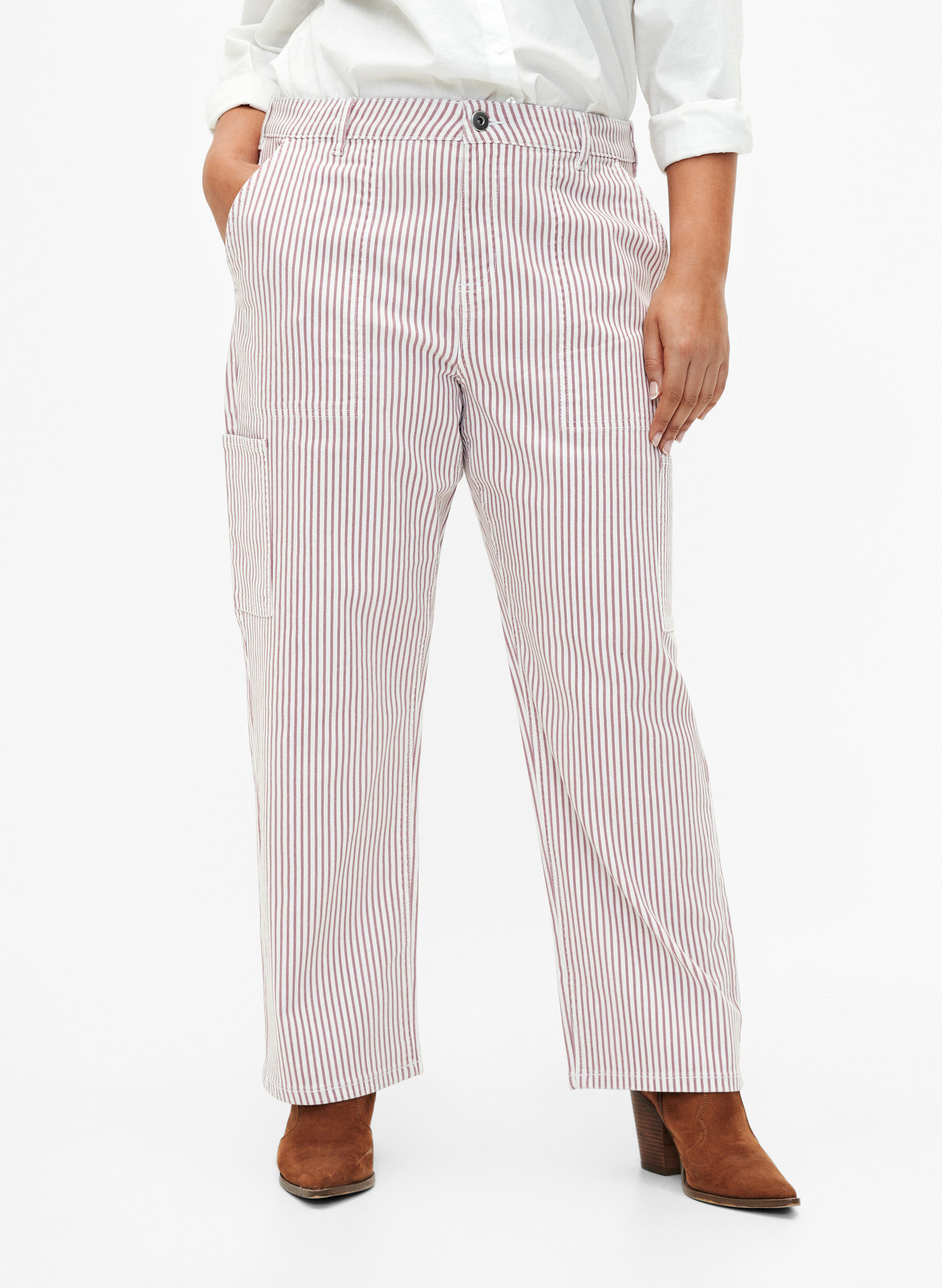Zizzifashion Striped cargo jeans with a straight fit, Rose White Stripe, Model image number 2