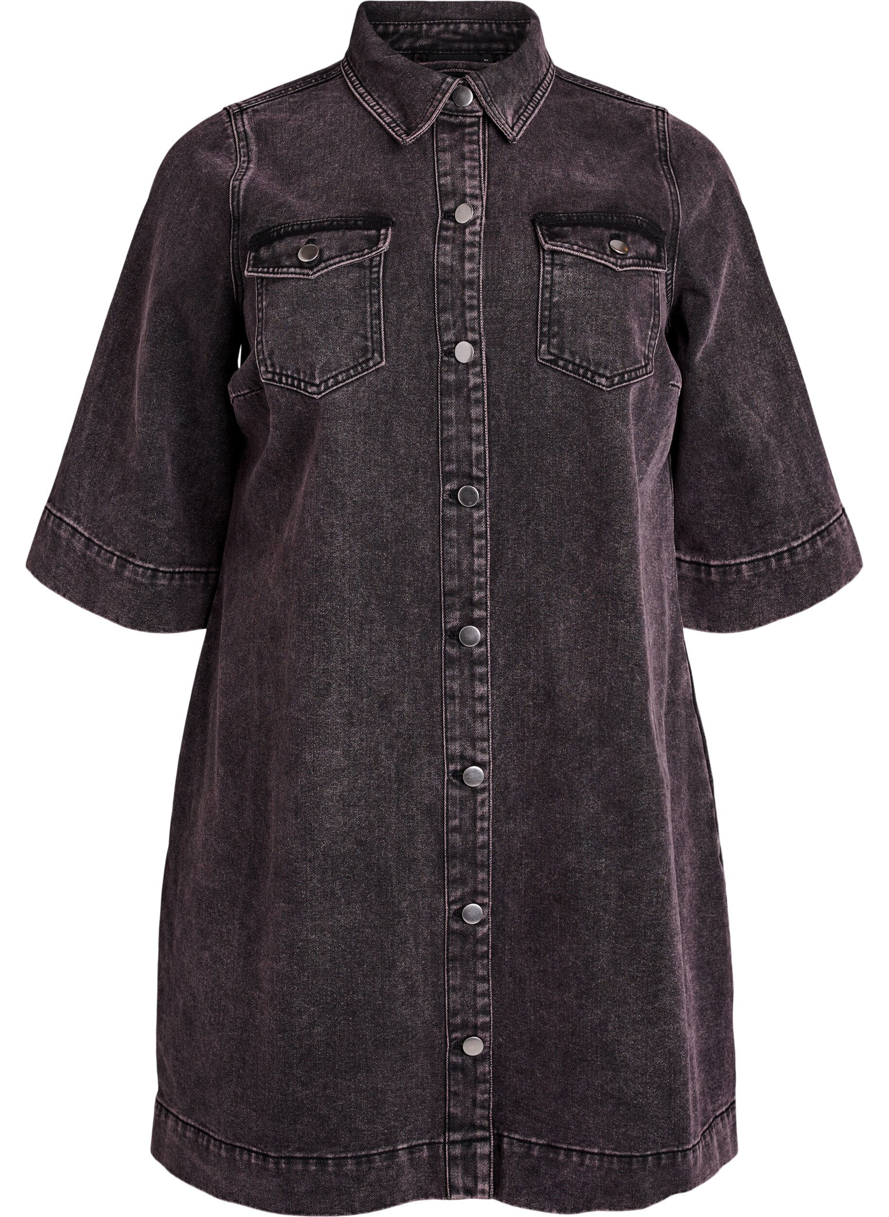 Short denim dress with chest pockets and short sleeves