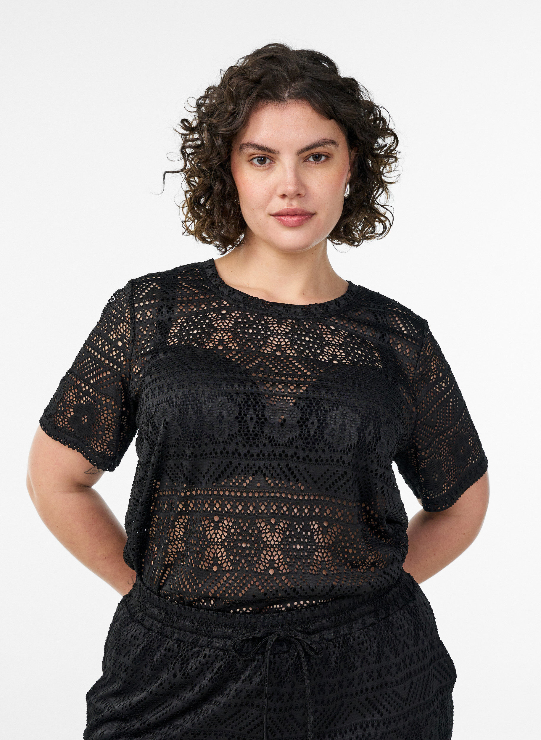Zizzifashion Eyelet embroidered lace T-shirt, Black, Model image number 0