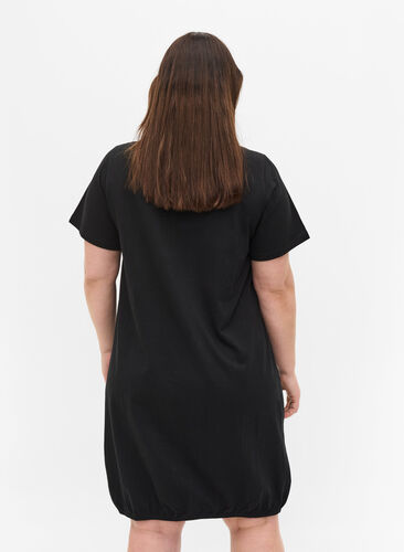 Short-sleeved cotton dress with round neckline, Black, Model image number 1